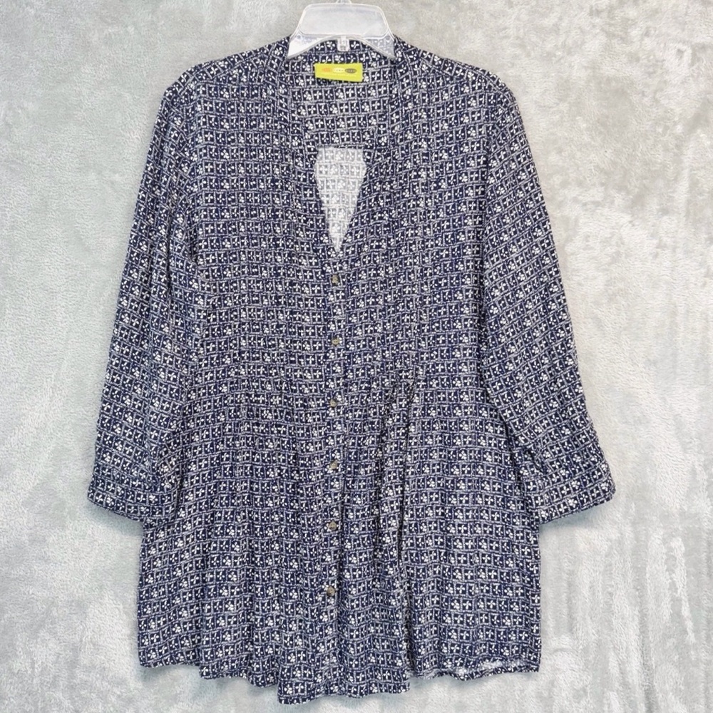 Rock Flower Paper  Shirt Blue Grey Pattern Rayon Button Down Tunic Size L